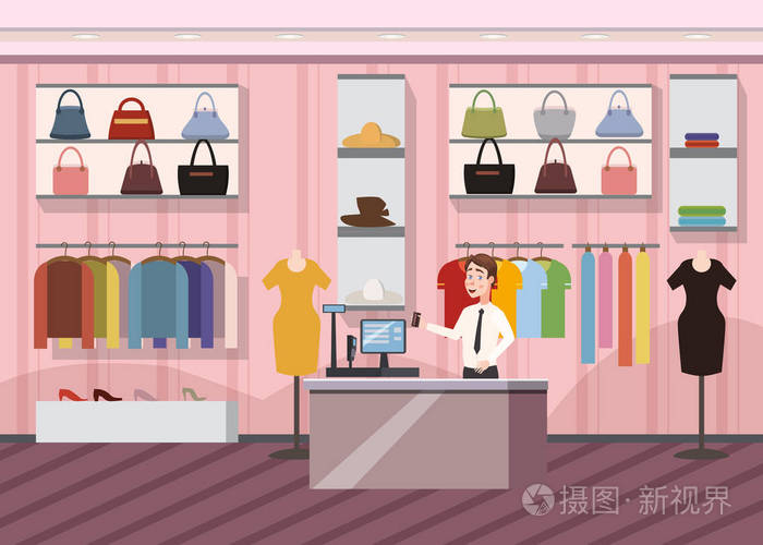 時(shí)裝店超級(jí)市場(chǎng)女裝購(gòu)物商場(chǎng)內(nèi)橫幅與復(fù)制空間卡通矢量插畫