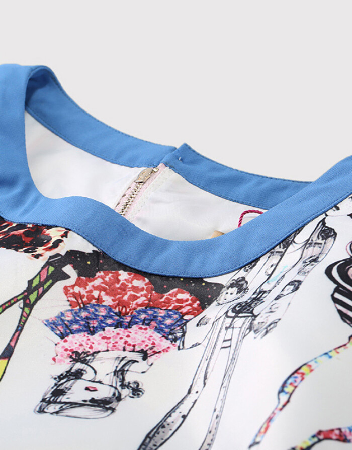 丹思露 2016新款時(shí)尚夏季專(zhuān)柜產(chǎn)品 甜美五分袖寬松圓領(lǐng)歐美印花連衣裙女短裙 黑色 XL